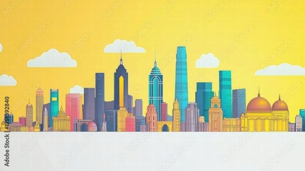 Fototapeta premium Colorful Urban Skyline Illustration with Contemporary Buildings and Bright Yellow Background