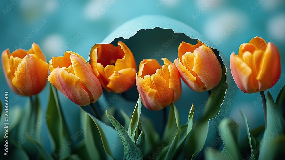 Obraz premium A charming Easter innovative concept, a top view photo of fresh yellow tulips seen through an egg-shaped aperture on a pastel blue background with a vacant area for personal text or advertising.