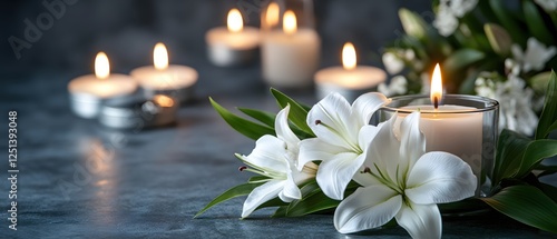 Serene remembrance with candle flame and white lily flowers for peace and reflection