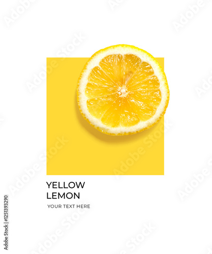 Creative layout made of yellow lemon on the yellow and white background. Flat lay. Food concept. Lemon on white background.