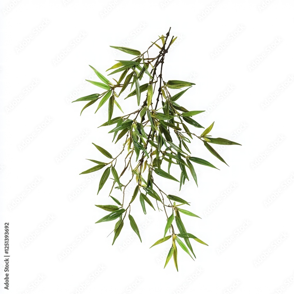 Delicate Green Leaves Hanging from a Branch Isolated on a Clean White Background Delicate Green Leaves Hanging from a Branch Isolated on a Clean White Background
