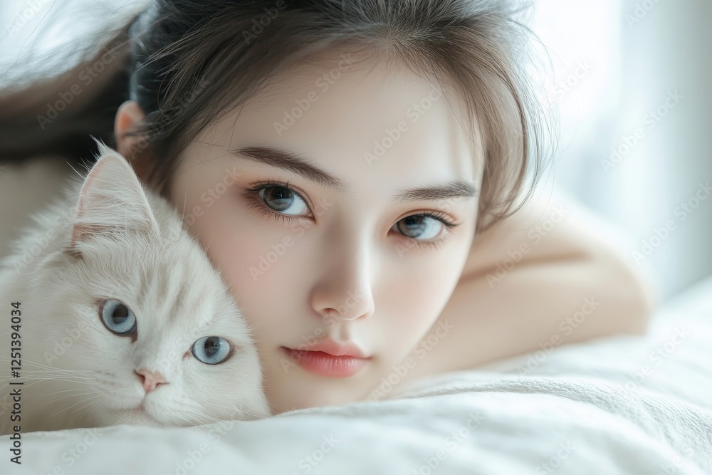Close-up portrait of a young woman with a white cat resting against her. The woman gazes directly at the camera, conveying serenity and companionship. Close-up portrait of a young woman with a white cat resting against her. The woman gazes directly at the camera, conveying serenity and companionship.