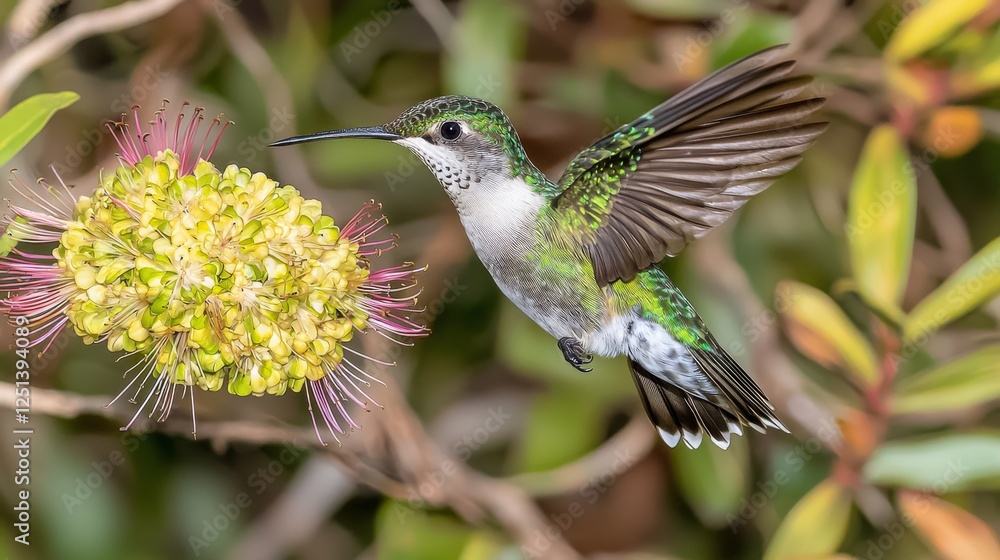 Naklejka premium Vibrant Green Hummingbird in Flight Nature Scene Close-Up Photography Outdoor Environment Dynamic Viewpoint Wildlife Concept