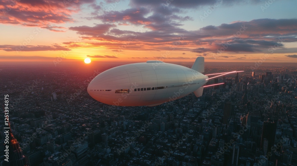 Naklejka premium Futuristic Airship Soaring Above Cityscape at Sunset