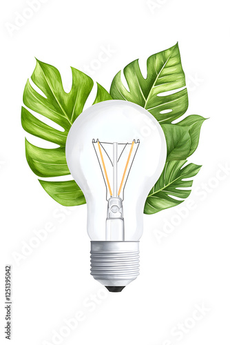 Eco friendly lightbulb made of fresh green leaves, isolated on white background. Concept of renewable energy
