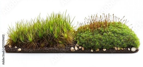 Lush Green Moss and Vegetation Growth on Soil with Textured Layers in Natural Landscape photo