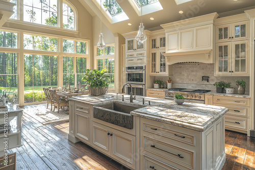 Bright kitchen with island, dining area, large windows, and forest view