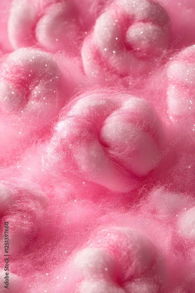 Fototapeta premium Dreamy pink cotton candy cloudscape with sparkling sugar dust creating a sweet and fluffy texture