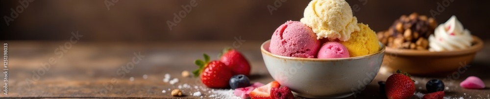Gelato ice cream bowl on wooden table, surrounded by sweet treats , treats, ice cream, gelato Gelato ice cream bowl on wooden table, surrounded by sweet treats , treats, ice cream, gelato
