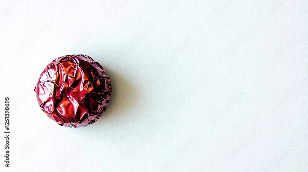 Brightly Colored Candy Wrapped in Shiny Foil Resting on a Minimalistic White Surface Brightly Colored Candy Wrapped in Shiny Foil Resting on a Minimalistic White Surface