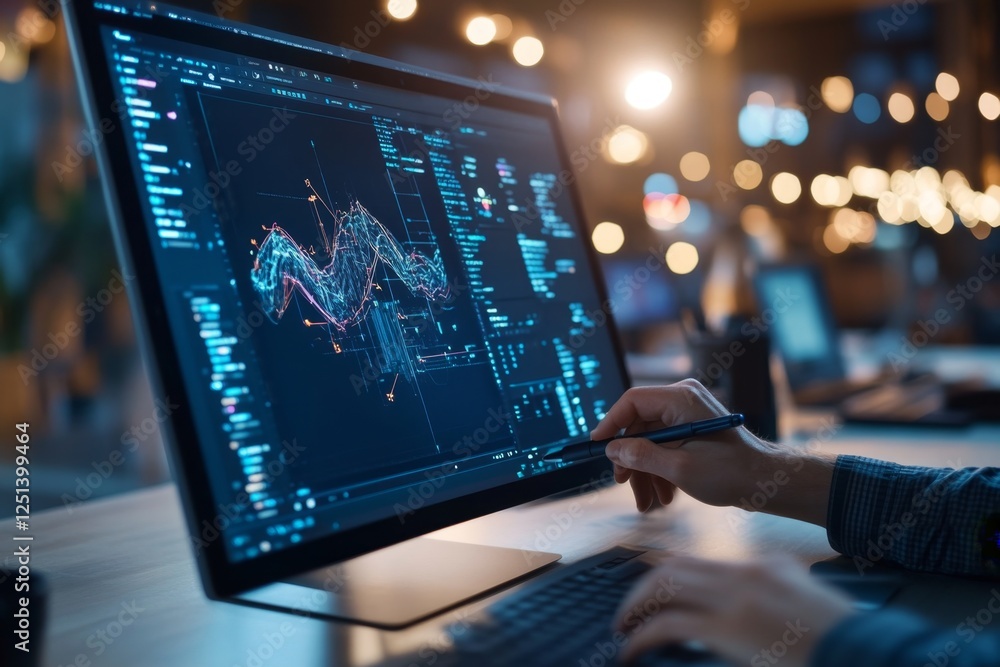 A graphic designer creating digital art on a large drawing tablet connected to a high-end workstation A graphic designer creating digital art on a large drawing tablet connected to a high-end workstation
