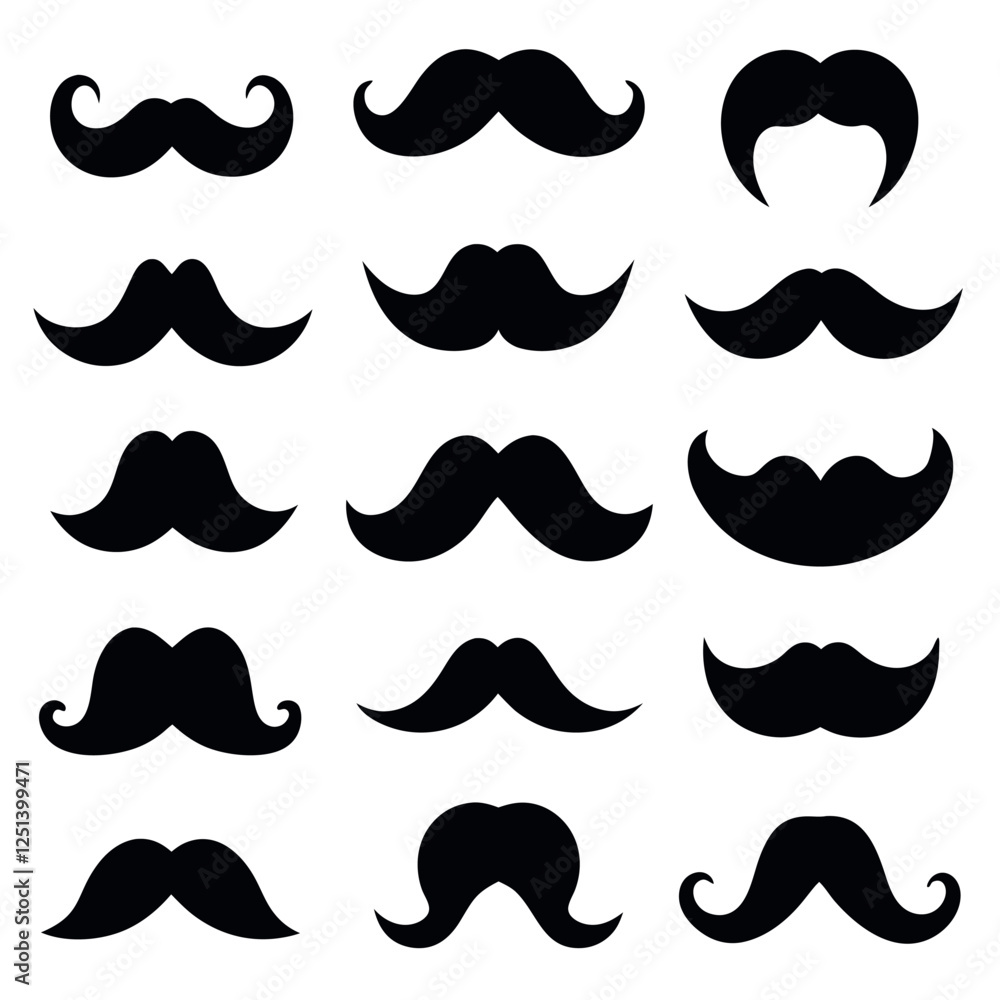 A diverse set of black silhouette mustache shapes, perfect for graphic design, social media posts, or print projects. A diverse set of black silhouette mustache shapes, perfect for graphic design, social media posts, or print projects.