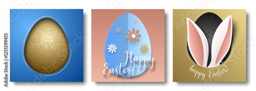 Easter greeting card square social network post template set. Paper cut egg shape frame with bunny ears, floral pattern and Happy Easter lettering. Blue, pink, gold background with rabbit ears