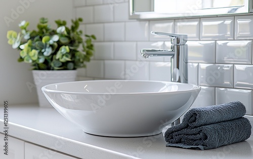 Modern bathroom sink with towels and plant photo