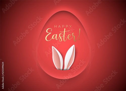 Minimalism paper cut egg shape frame Happy Easter greeting card abstract banner. Bunny ears, red background, Happy Easter gold lettering. Neumorphic shadow volume creative red design