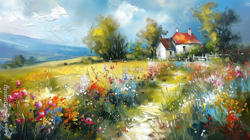 Summer landscape of the Polish countryside, an old wooden house surrounded by fields, meadows and flowers, idyllic view, oil painting.