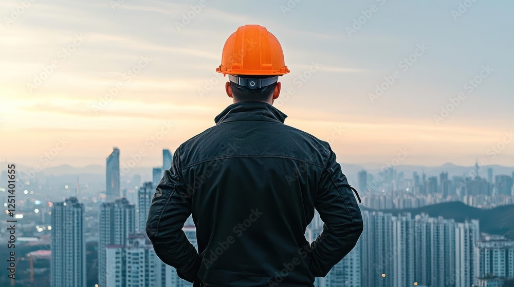 Man In Orange Safety Helmet Contemplating Cityscape At Sunrise Man In Orange Safety Helmet Contemplating Cityscape At Sunrise