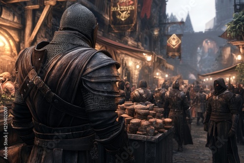 A medieval guild main hall where warriors and merchants discuss trade and battles