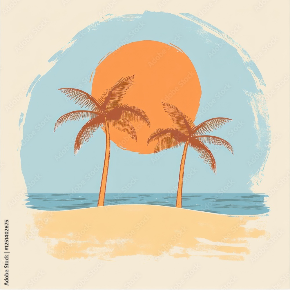 Fototapeta premium Tropical Sunset Beach Scene With Two Palm Trees