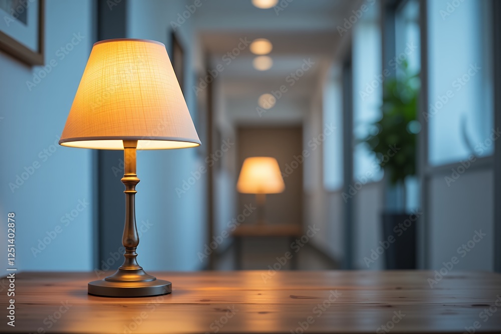 Warm lamp illuminates wooden table against soft, blurred hallway backdrop. Warm lamp illuminates wooden table against soft, blurred hallway backdrop.