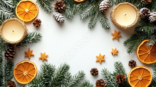 A Christmas Eve concept top view photo of spruce branches, mistletoe berries, candles, rattan stars, dried orange slices, and snowflakes on a white background with copyspace.