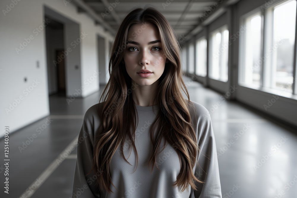 Long-haired woman in a clean, open, and minimalist space Long-haired woman in a clean, open, and minimalist space