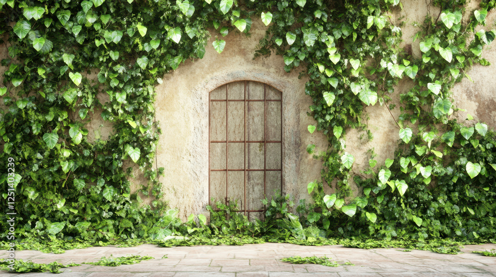 Rustic Wooden Door Surrounded by Vibrant Green Ivy on Aged Stone Wall During Sunny Day