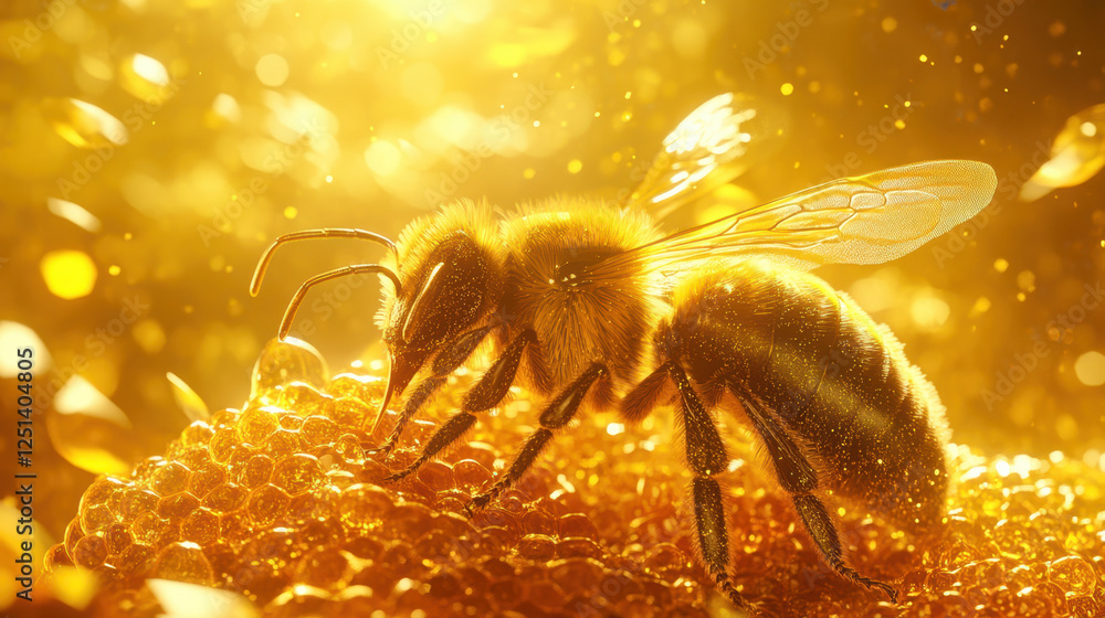 Honeybee Collecting Nectar From Golden Honeycomb During a Warm Afternoon in a Vibrant Garden Setting Honeybee Collecting Nectar From Golden Honeycomb During a Warm Afternoon in a Vibrant Garden Setting