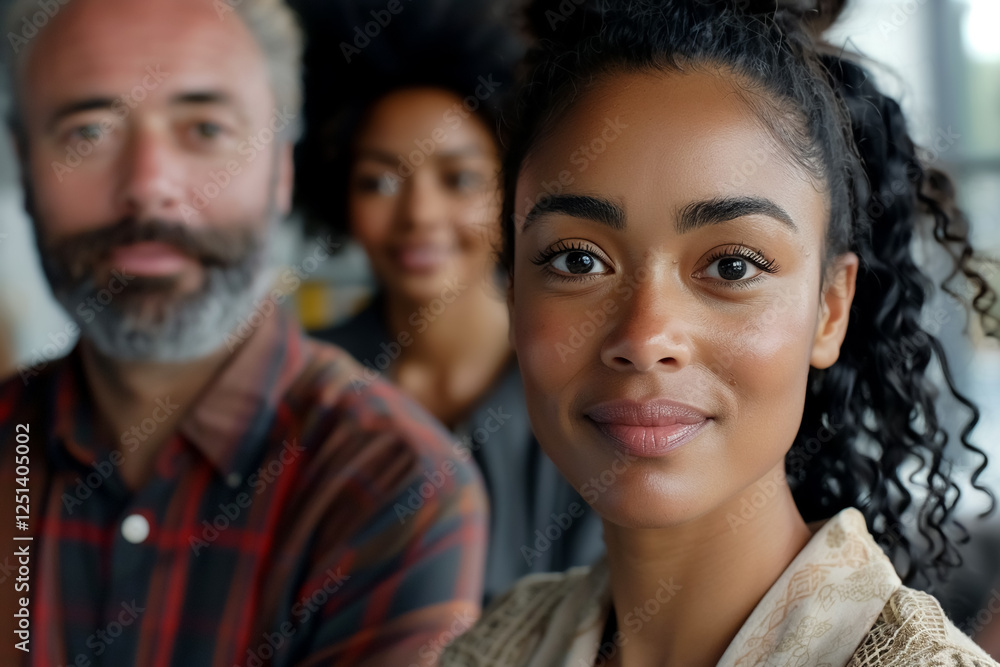 Fototapeta premium Inclusive workspace with diverse individuals, showcasing collaboration and teamwork. image captures woman in focus, with two others in background, highlighting positive work environment