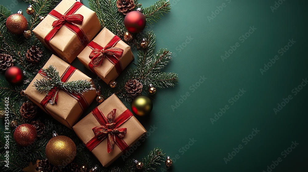 A Christmas presents concept top view photo of gift boxes with ribbon bows, red, green, and gold baubles, and star ornaments on a green background. A Christmas presents concept top view photo of gift boxes with ribbon bows, red, green, and gold baubles, and star ornaments on a green background.