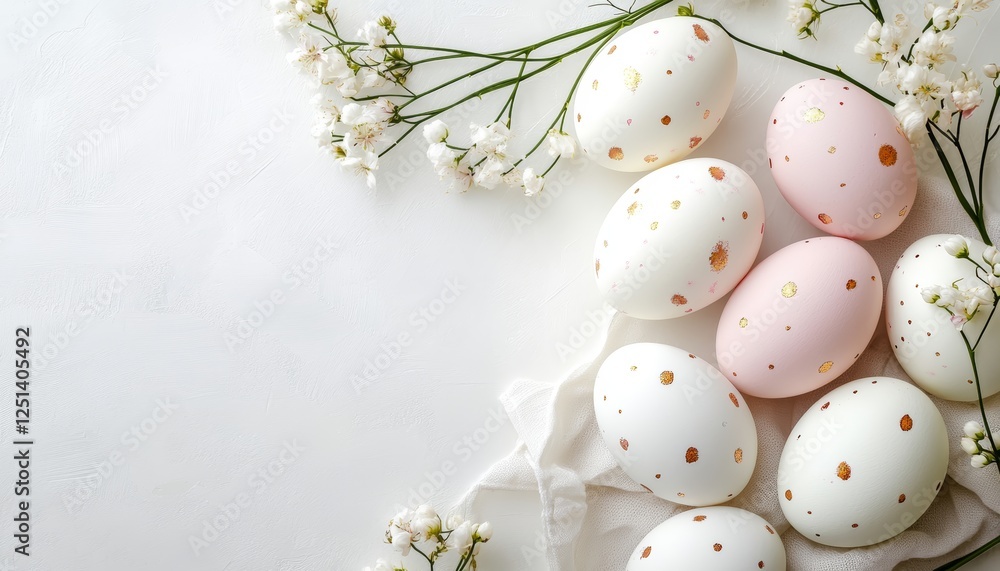 Fototapeta premium luxury easter painted eggs and napkin on plain background with copyspace, topview, Easter holidays luxury concept 