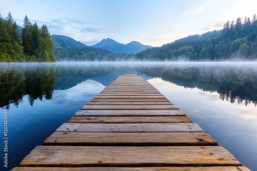 Serene Lakeside Dock at Dawn Reflecting on Calm Water Surface Serene Lakeside Dock at Dawn Reflecting on Calm Water Surface