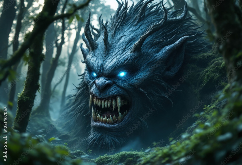 Monster Creature with Glowing Eyes in Dark Forest Scenery Monster Creature with Glowing Eyes in Dark Forest Scenery