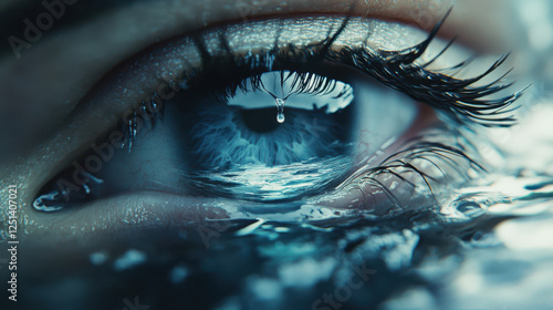 Eye Reflecting Ocean Waves With a Teardrop Under Water in a Surreal and Artistic Representation of Emotions
