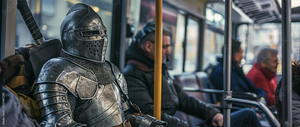 Medieval Knight in Full Armor Riding on a Modern City Bus Among Passengers Medieval Knight in Full Armor Riding on a Modern City Bus Among Passengers