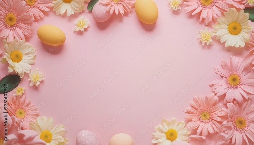 top view of spring flowers and colorful Easter eggs on plain color background with copyspace. top view of spring flowers and colorful Easter eggs on plain color background with copyspace.