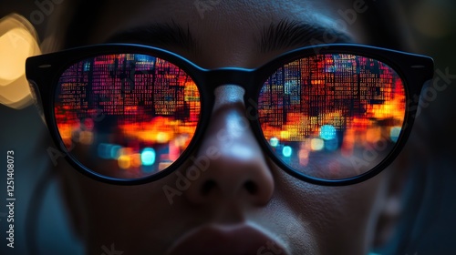 Wallpaper Mural A close up of a man with glasses reflecting computer code, suggesting themes of cybersecurity, programming, and technology. Torontodigital.ca