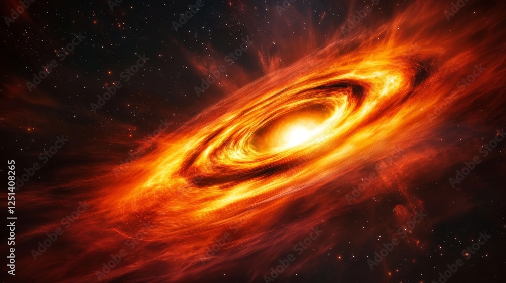 Obraz premium Interstellar black hole with glowing accretion disk and singularity nucleus. Concept 3D illustration of cosmic wormhole on starry space background. Theory of relativity and quantum physics wallpaper.