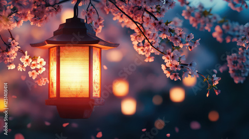 Lantern Glowing Among Cherry Blossoms at Dusk Creating a Serene Atmosphere in the Garden