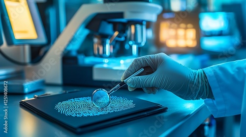 Forensics scientist examining fingerprint with magnifying glass in lab.