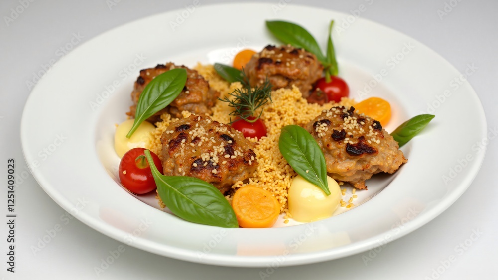 Delicious Sesame Crusted Chicken Meatballs with Couscous and Vegetables Delicious Sesame Crusted Chicken Meatballs with Couscous and Vegetables