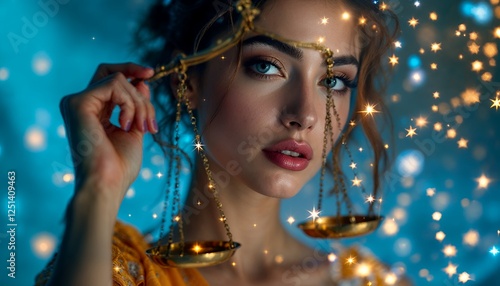 Woman Holding Libra Scale with Magical Light Effect Zodiac Sign