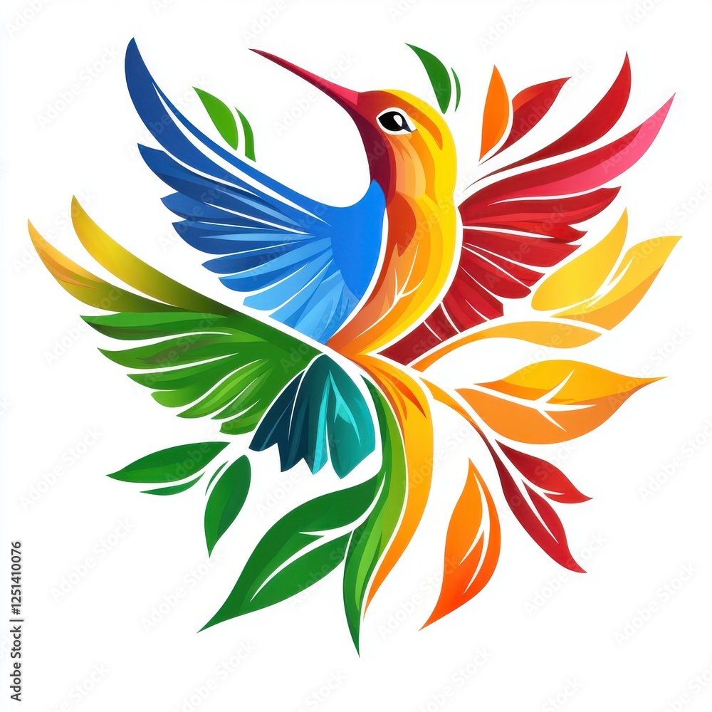 Fototapeta premium Colorful Hummingbird Illustration with Vibrant Leaves and Floral Elements Representing Artistry and Nature in a Dynamic Composition