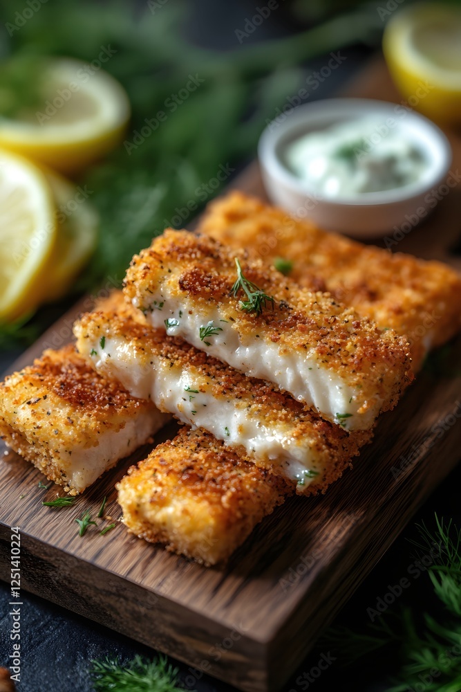 Crispy Golden Fried Fish Sticks with Creamy Dip and Fresh Lemon Wedges on a Wooden Board Crispy Golden Fried Fish Sticks with Creamy Dip and Fresh Lemon Wedges on a Wooden Board