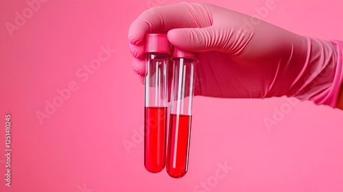 Hand Holding Two Test Tubes with Blood Sample on Pink Background