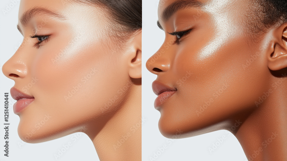 Close up of facial skin showing split screen comparison of skin tones and textures. Close up of facial skin showing split screen comparison of skin tones and textures.
