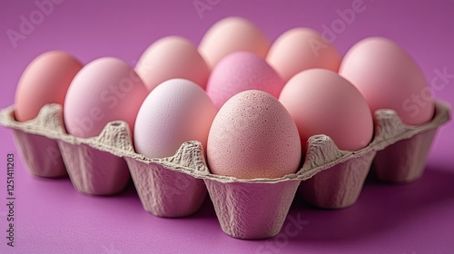 A close up view photo of a cardboard container with ten intact and one broken white chicken eggs, isolated on a purple background.