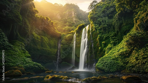 waterfall in the forest with morning sunlight