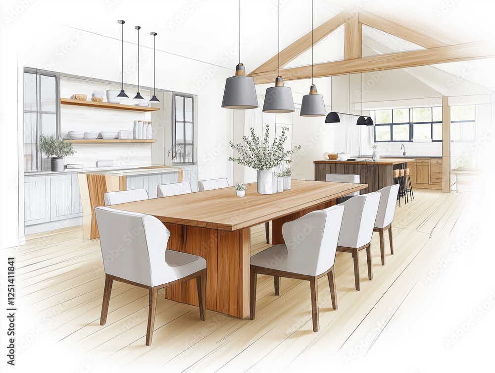 Hand-drawn sketch of a farmhouse-style dining room with a large wooden table and rustic details Hand-drawn sketch of a farmhouse-style dining room with a large wooden table and rustic details