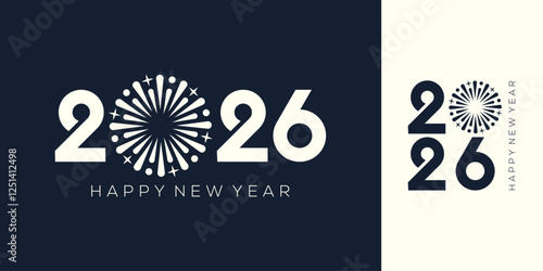 2026 Happy New Year logo design vector. white fireworks and trendy new year 2026 design template.